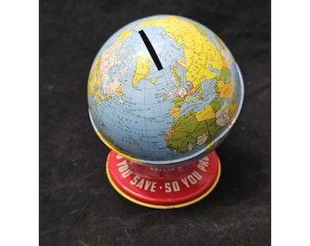 ANTIQUE METAL COIN Bank World Globe The Ohio Art Company Collectible Memorabilia