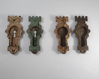 Vtg Victorian Eastlake Recessed Brass Bronze Pocket Door Pull Ornate Keyed BB5H 