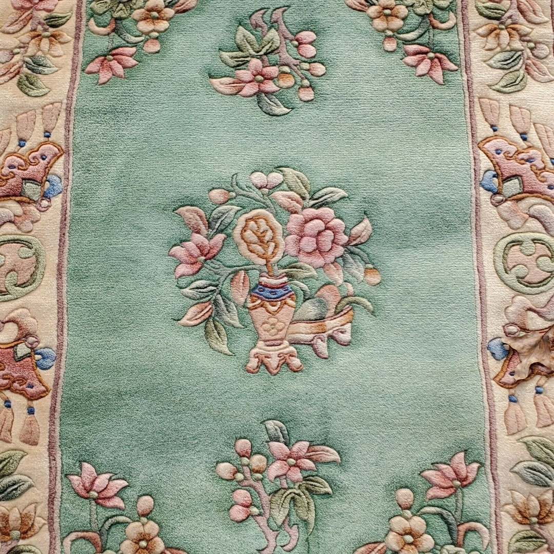 VINTAGE GREEN FLORAL Wool Rug Silk Area Rug Collectible Fine Home Decor ...