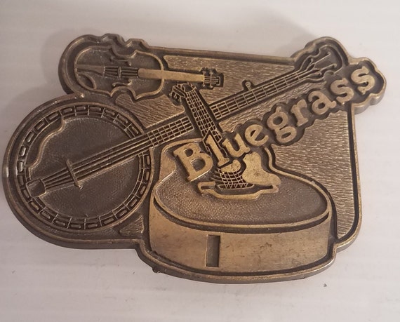 Vintage Bluegrass Belt Brass Buckle with Guitar, … - image 1
