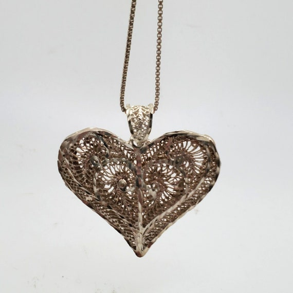 VINTAGE FILIGREE STERLING Heart Necklace Pendant … - image 2