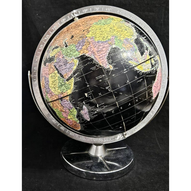 VINTAGE BLACK WORLD Globe Replogle Globe Chrome Mid Century Modern ...