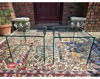 VINTAGE BENT GLASS Tables Coffee Table & 2 End Tables Clear Mid Century Modern Collectible Furniture Memorabilia