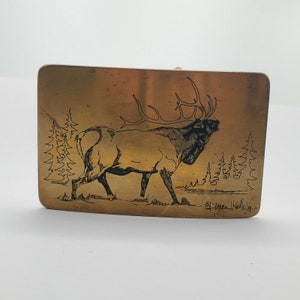 VINTAGE ELK BELT Buckle Solid Brass Belt Buckle Signed By Artist Donovan J Kindle 1/81 Etched Elk Brass Collectible Buckle Kalamazoo Mich
