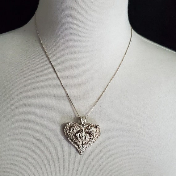 VINTAGE FILIGREE STERLING Heart Necklace Pendant … - image 9