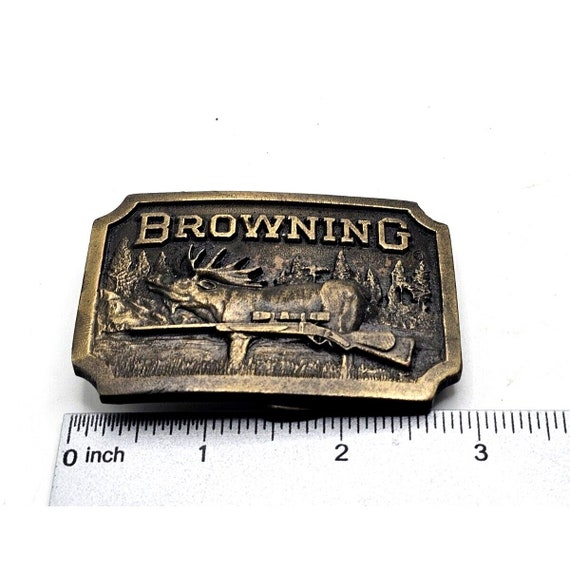 ANTIQUE BROWNING ELK & Rifle Brass Belt Buckle Hu… - image 4