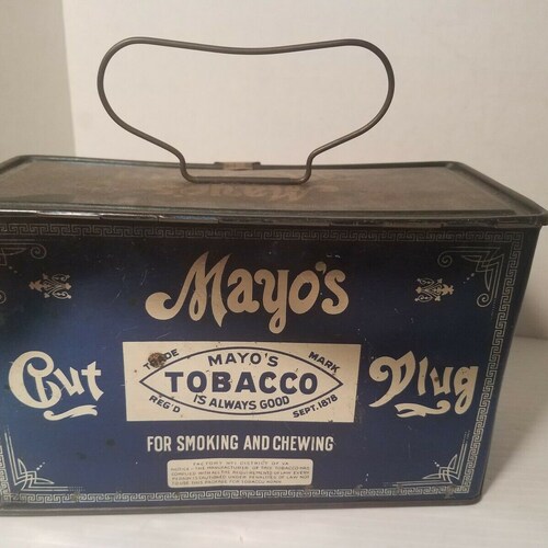 VINTAGE TOBACCO TIN Mayo's Cut Plug Antique Collectible shops Advertising Tin Blue Tin Silver Graphis