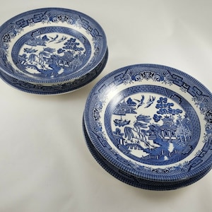 VINTAGE BLUE WILLLOW Bowls & Saucers Churchill England Signed Antique Collectible Dishware Farm House Decor Vintage Kitchenware