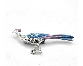 ANTIQUE PEACOCK BROOCH Silver Tone Pin Pink & Blue Colors Collectible Estate Jewelry Memorabilia