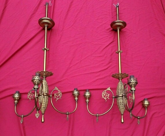 VICTORIAN GAS FIXTURES 3 Arm Chandeliers Solid Brass Matching Pair