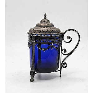 ANTIQUE ORNATE ENGLISH Silver Mustard Pot Cobalt Blue Glass Insert Footed Collectible Memorabilia