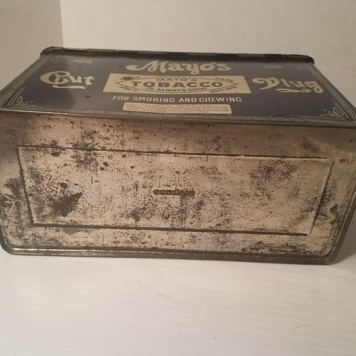 VINTAGE TOBACCO TIN Mayo's Cut Plug Antique Collectible shops Advertising Tin Blue Tin Silver Graphis
