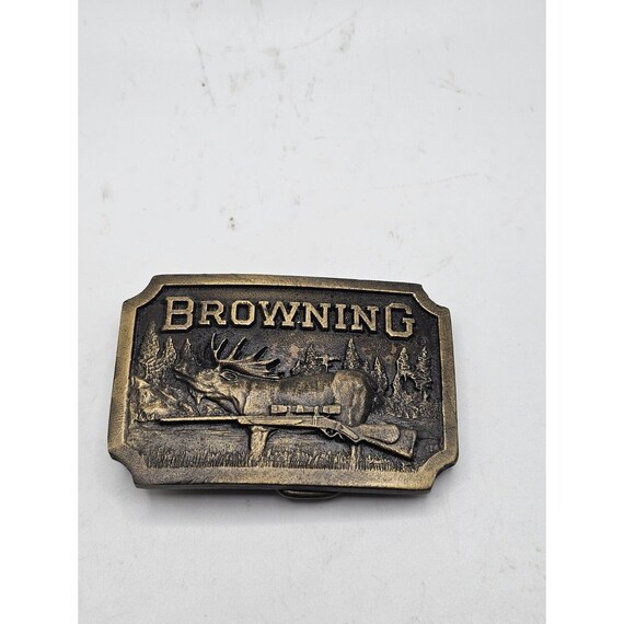 ANTIQUE BROWNING ELK & Rifle Brass Belt Buckle Hu… - image 8
