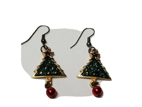 VINTAGE CHRISTMAS TREE Earrings Signed N P Antiqu… - image 1