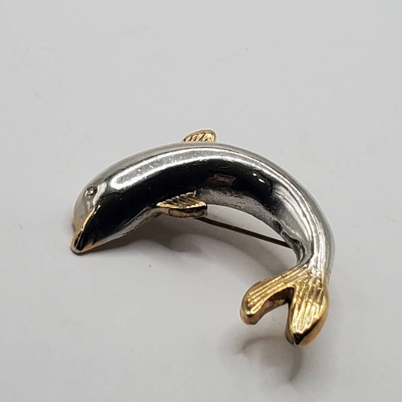 VINTAGE DOLPHIN BROOCH Pin Two Tone Silver & Gold… - image 2