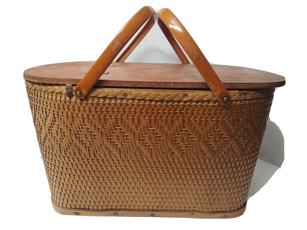 VINTAGE REDMAN Picnic Basket Rattan Woven Basket 1950's Collectible Picnic Basket Decorative Etsy