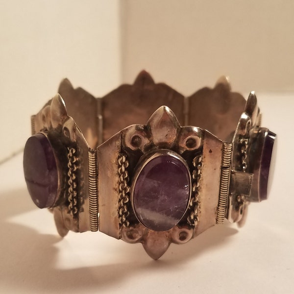 VINTAGE STERLING SILVER Bracelet Purple Stones Signed A L C Guadalajara Mexico Antique Estate Jewelry