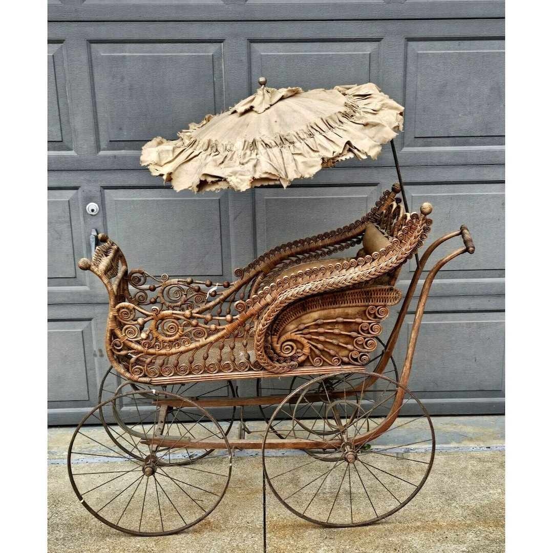 EARLY VICTORIAN WICKER Baby Carriage With Parasol Umbrella Full Size ...