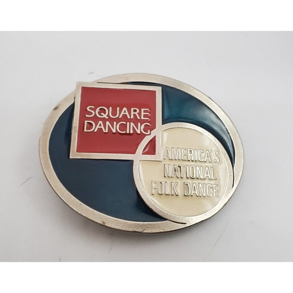 Vintage Square Dance Belt Buckle Chrome w/ Goldtone E… - Gem