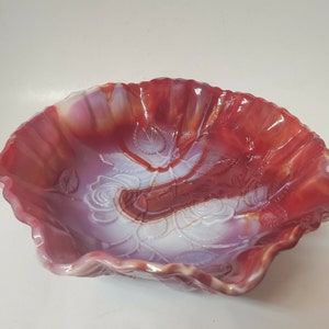 VINTAGE IMPERIAL GLASS Bowl Red Slag Glass Footed Candy Dish Embossed Roses Collectible Glassware