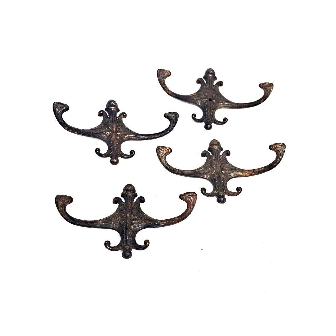 VICTORIAN HALL TREE Double Arm Hooks Ornate 4 Cast Iron Steel Hangers 8 Collectible Hardware