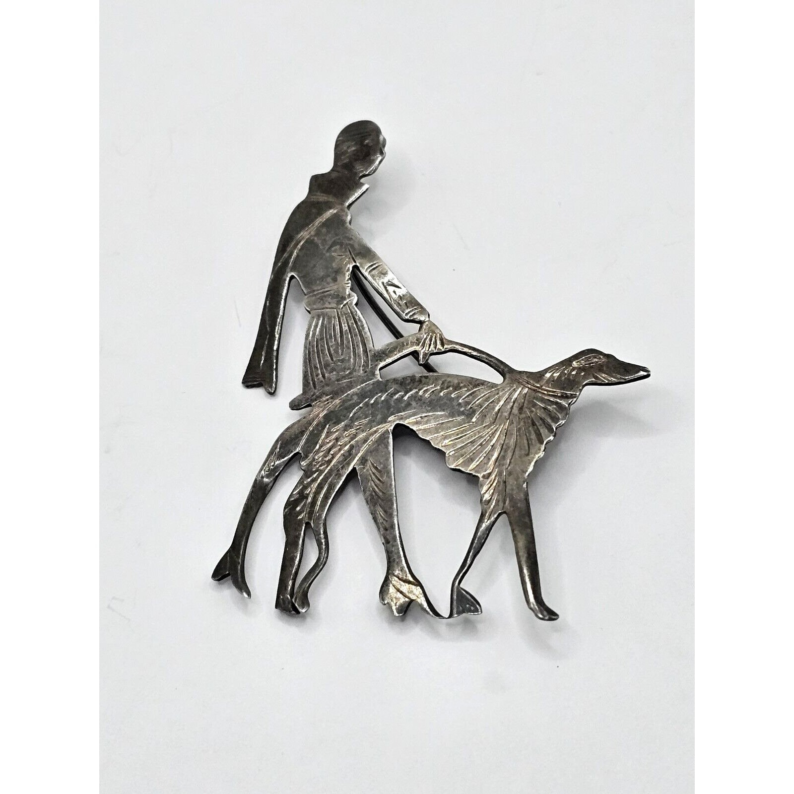 ANTIQUE STERLING SILVER Art Deco Lady Walking Dog Brooch Pin Signed