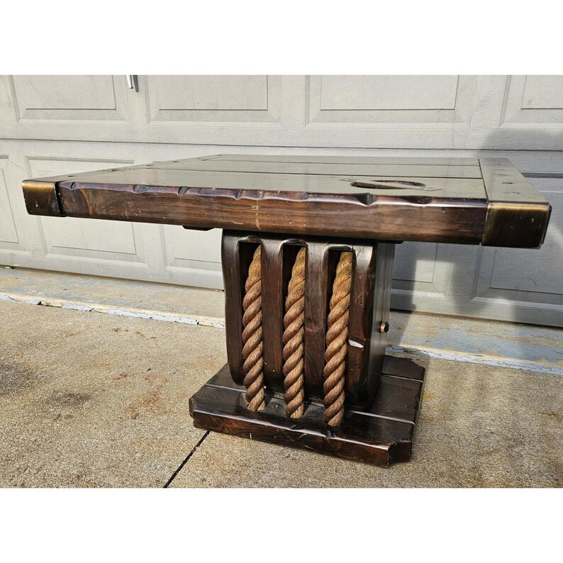VINTAGE WOOD END Table Nautical Ship Rope & Pulley Maritime Furniture ...