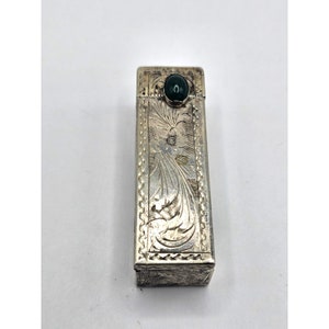 ANTIQUE 800 SILVER Lipstick Case Holder Ornarte Sterling Design Green Stone Collectible Estate Jewelry Memorabilia