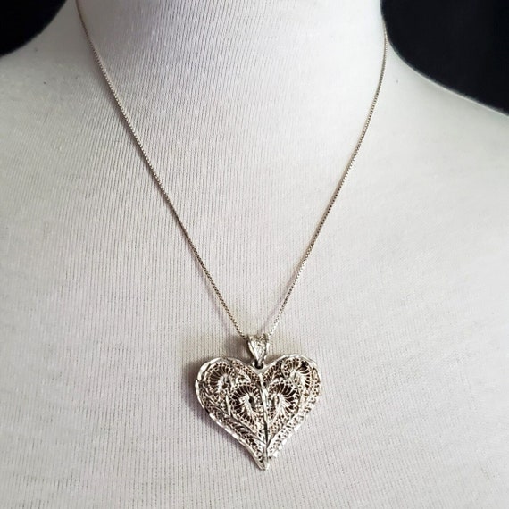 VINTAGE FILIGREE STERLING Heart Necklace Pendant … - image 1