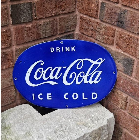 アンティーク雑貨 Coca-Cola VINTAGE COCA COLA Blue Oval Porcelain Enamel Sign Coke Collectible