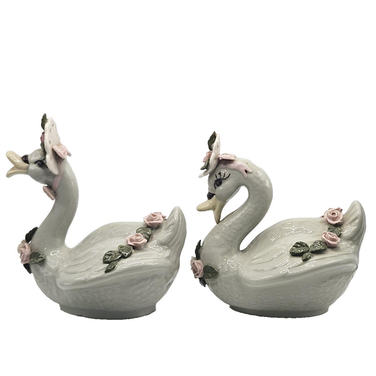 VINTAGE CERAMIC SWANS Figurines Green Swans Bonnets Applied