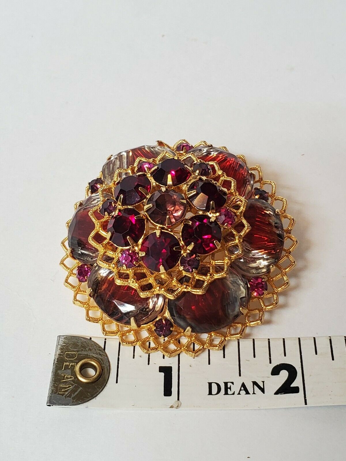 Broche Vintage Années 70/80 - Deux Registres - Pierres Composite Rouge - Métal Argenté