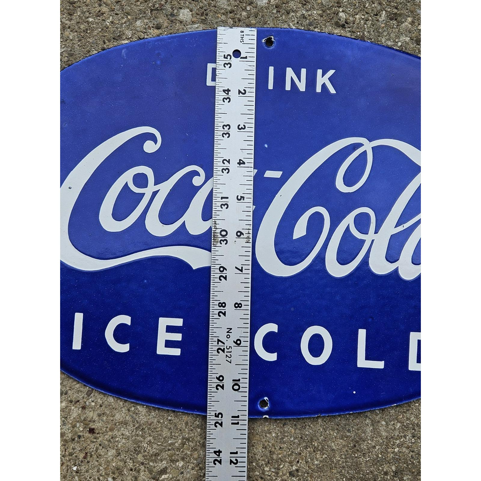 VINTAGE COCA COLA Blue Oval Porcelain Enamel Sign Coke Collectible