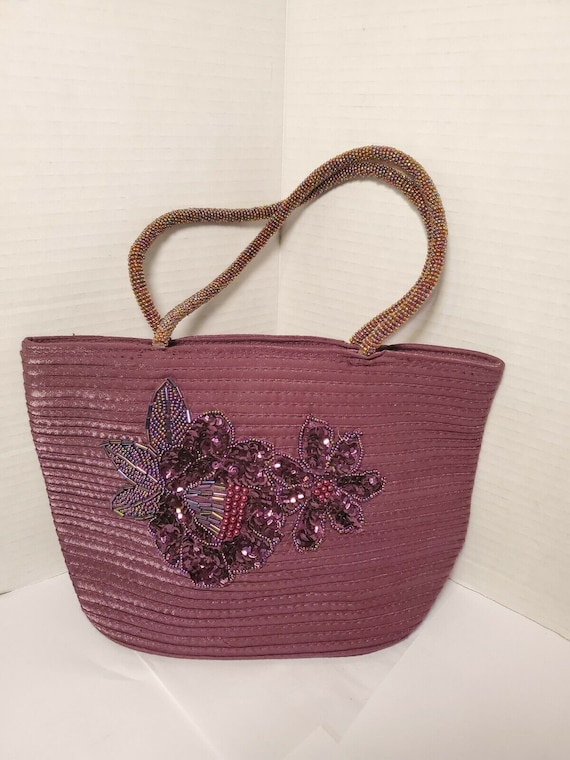 VINTAGE PURPLE PURSE Beaded Flowers and Handels  … - image 2