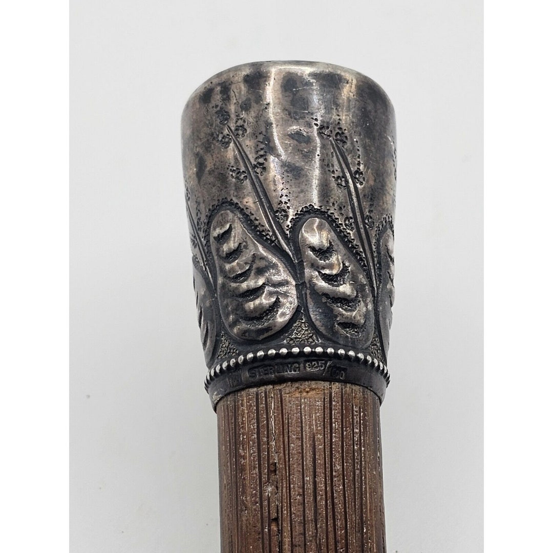 ANTIQUE STERLING SILVER Cane Handle Walking Stick Tip Collectible