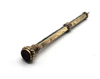 VICTORIAN MECHANICAL PENCIL Ornate Gold Engraved Case with Red Stone Collectible Jeweled Pencil