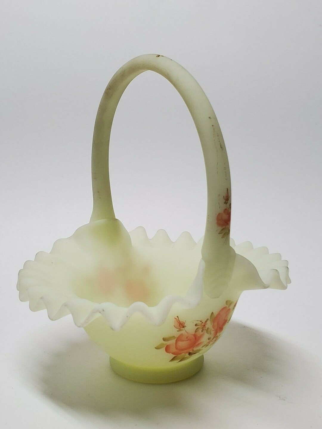 VINTAGE FENTON BASKET Green Satin Floral Hand Painted Artist Signed C