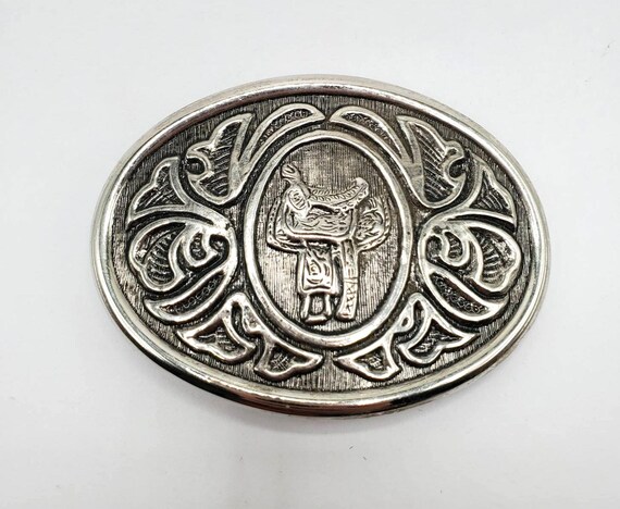 VINTAGE WESTERN SADDLE Belt Buckle Silver Colored Avon Collectible Horse Saddle Belt Buckle