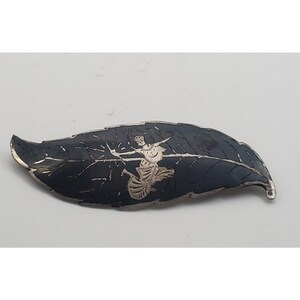 VINTAGE SIAM STERLING Brooch Pin Nielloware Goodess Dancer Leaf Shape Pin Collectible Estate Jewelry Woman&#39;s Brooch