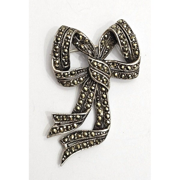 ANTIQUE STERLING SILVER Marcasite Bow Pin Marked 925 Collectible Fine Estate Jewelry Brooch Memorbilia Wedding Jewelry