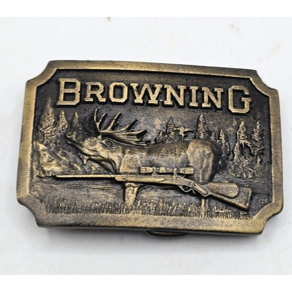 ANTIQUE BROWNING ELK & Rifle Brass Belt Buckle Hu… - image 10