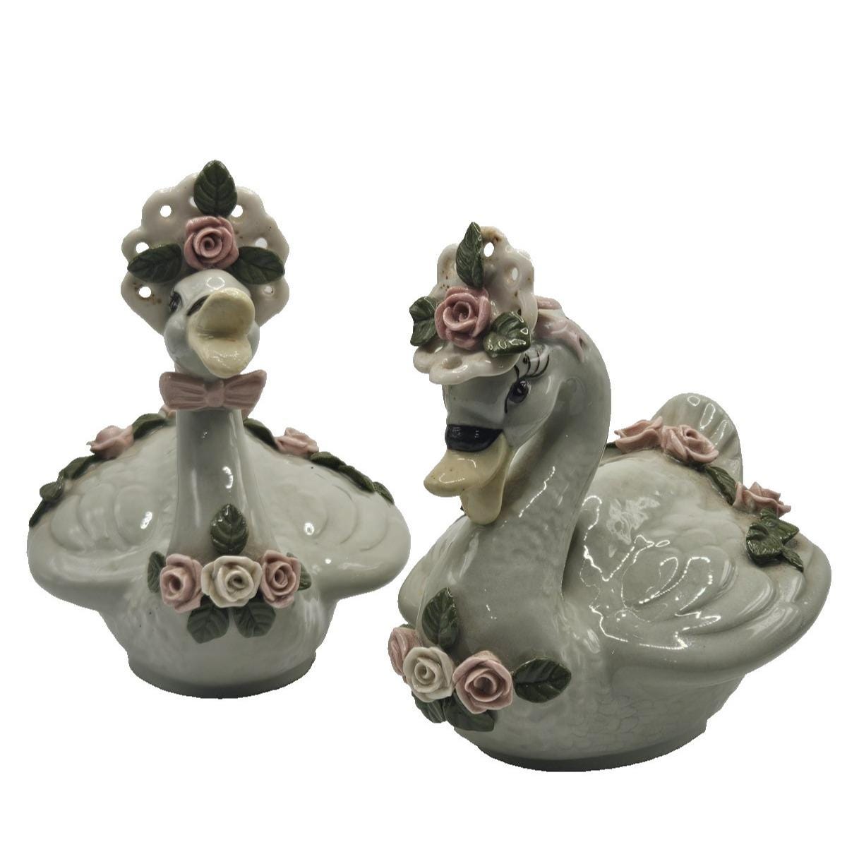 小物 WILD SWANS minas VINTAGE CERAMIC SWANS Figurines Green Swans Bonnets Applied
