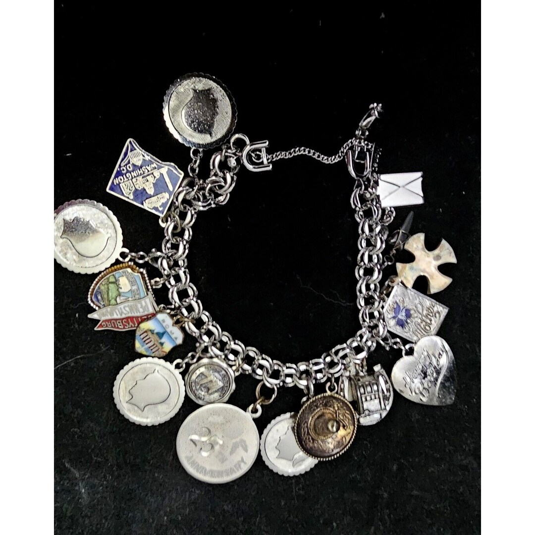 ANTIQUE STERLING SILVER Charm Bracelet Life Story 17 Charms Collectible ...