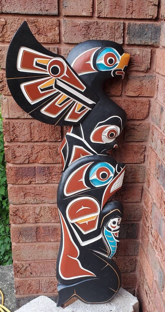 NORTHWEST COAST SALISH Bill Wilson Kwakiutl Nation Eagle, Human Face, Bear, Salwon Cedar Wood Carving Signed Collectible Native Art