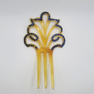 VICTORIAN HAIR COMB Blue Rhinestones Large Edwardian Celluloid Hair Fork 1900's Collectible Hair Accessories Wedding Accs