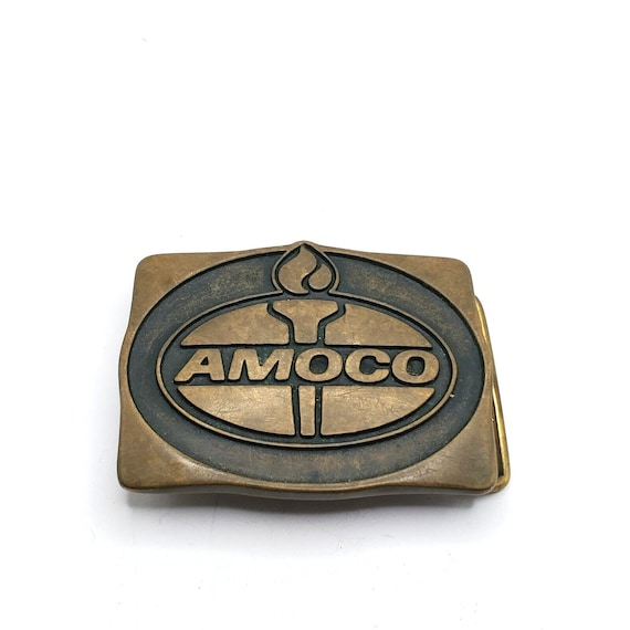 ANTIQUE AMOCO BELT Buckle Solid Brass Gas & Oil S… - image 1