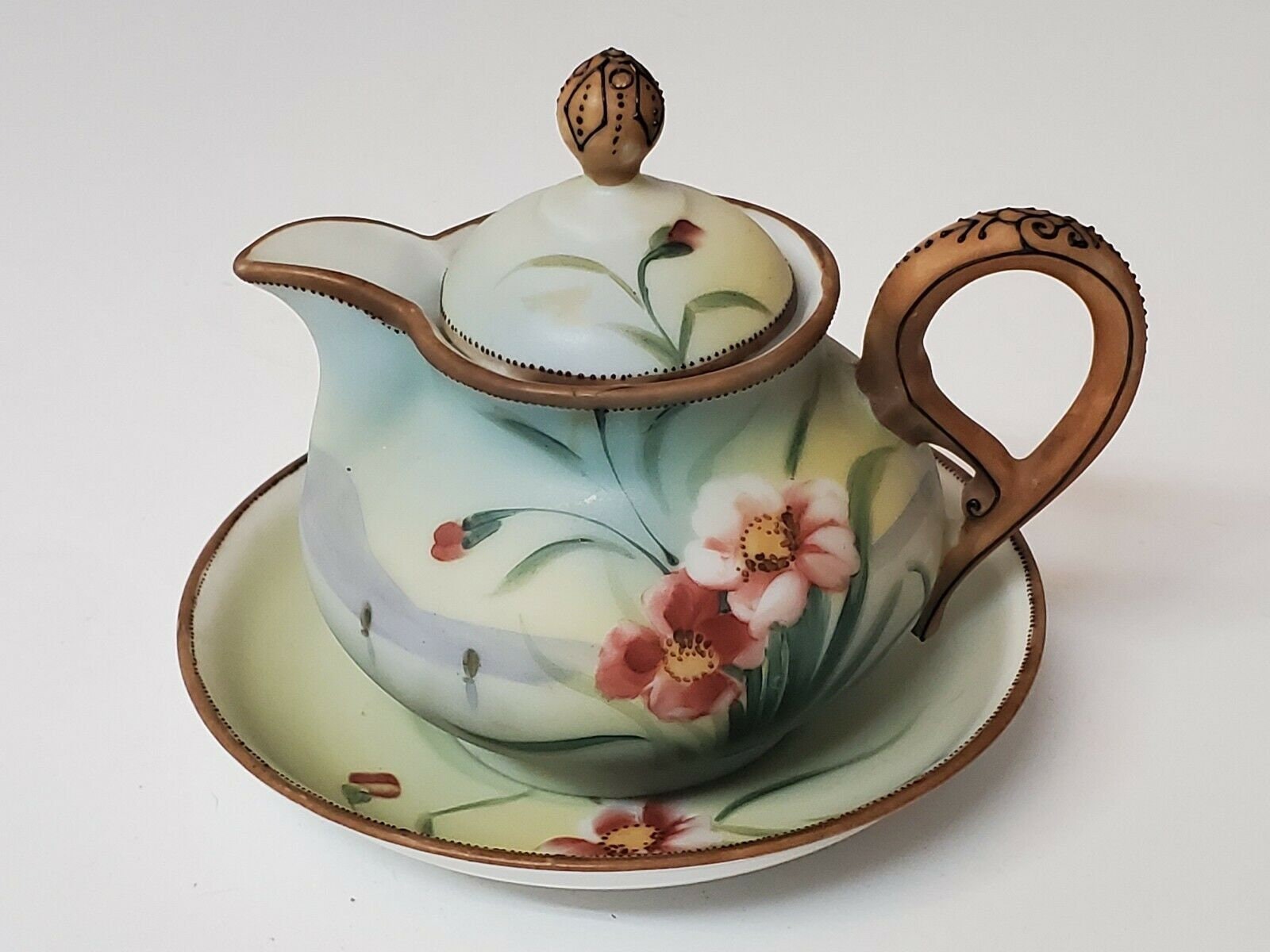 VINTAGE NIPPON CREAMER & Saucer Hand Painted Nature Scene Signed