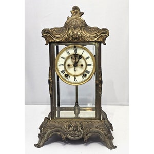 ANTIQUE ANSONIA CLOCK Solid Brass Beveled Glass Mantel Desk Clock Collectible Memorabilia