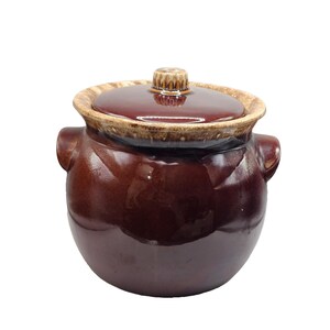 May include: A brown ceramic lidded pot with a glossy finish. The pot has two side handles and a lid with a small knob. The rim of the pot and the lid's edge have a lighter, textured band. The pot is likely for cooking or storage.