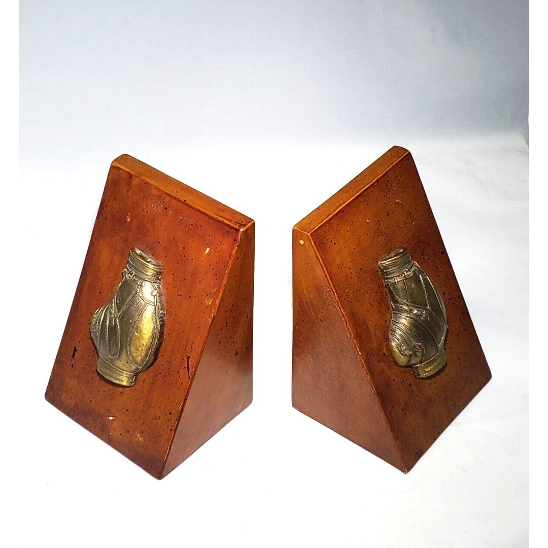 VINTAGE GOLF BOOKENDS Brass Bronze Golfer Bag Collectible Memorabilia